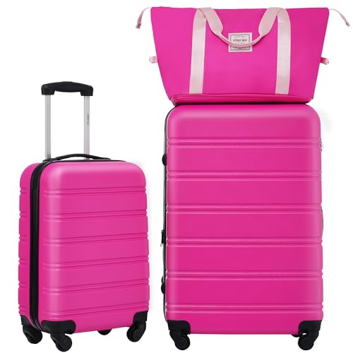 Merax Luggage sets of 3 Piece 20 28 IN Carry on Luggage Hard Case Pink Luggage Expandable Checked Luggage Suitcase Set with Wheels - color: Pink, size: 3-Piece Set(20+28IN+Bag)