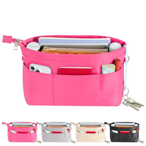 HyFanStr Purse Organizer Insert with Zipped Top for Tote Bag, Handbag Shaper with 13 Pockets - color: Pink, size: XS-11.8*9*5.9*3.5in