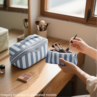 BOYATU Travel Makeup Bag Cosmetic Bag for Women: 3 Pcs Set Striped Make up Bag with Compartments - Waterproof Vegan Leather Toiletry Bags with Handle - Makeup Organizer for Travel Essentials(A-1-Blue) - color: A-1-Blue