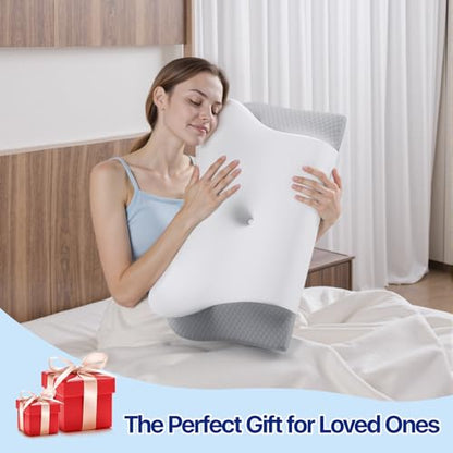 Memory Foam Neck Pillow - Ergonomic Contour Cervical Neck Pillow for Side Back Stomach Sleepers, 2-in-1 Orthopedic Neck Support Pillow with Cooling Pillowcase