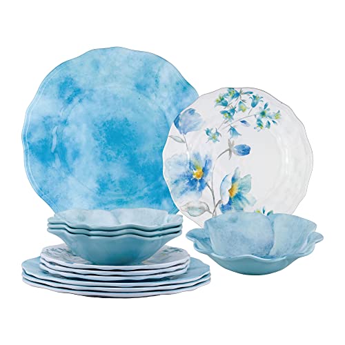 UPware 12 Piece Campanula Melamine Dinnerware Sets, Outdoor Dishes Set, Plates and Bowls Sets, Service for 4, Sky Blue - color: Blue Campanula