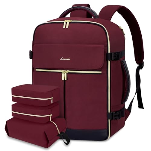 LOVEVOOK 40L Large Travel Backpack for Women, Flight Approved, Waterproof, TSA Compliant, Fits 17.3'' Laptop, 17 Pockets, 3 Packing Cubes - color: Claret-black-dark, size: 40L-17.3 Inch-4Pcs