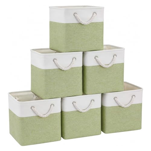 Fabric Storage Cubes 13 x 13, Collapsible Storage Bins for Shelf Baskets, Cube Storage Organizer White Green Bins with Cotton Handles, Foldable Storage Bin box, Cube Storage Bin 6 Pack - color: white green