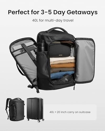 tomtoc Travel Backpack 40L, TSA Friendly Flight Approved Carry-on Luggage Hand Water-resistant Lightweight Business Rucksack, Durable Large Weekender Bag Daypack Fits 17.3 Inch Laptop - color: Black-ripstop, size: 40L