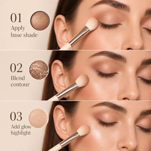 Baked Face and Eye Makeup Palette with Bronzer, Blush, 2 Highlighters & 3 Eyeshadows, Smooth Blendable Powder, Neutral Shades, Travel Compact Gift Set for Women