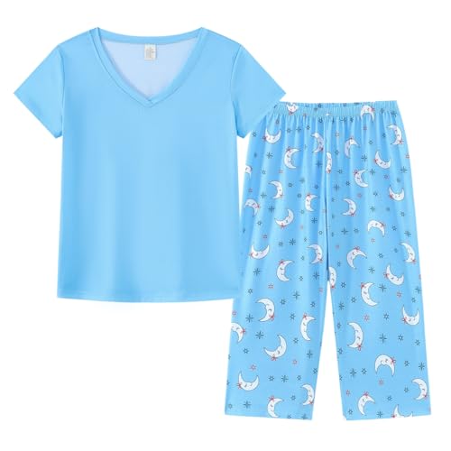 YIJIU Women Soft Comfy Pajamas Cute Cat Short Sleeve Capri Pants PJS Set - color: Blue Moon, size: Small