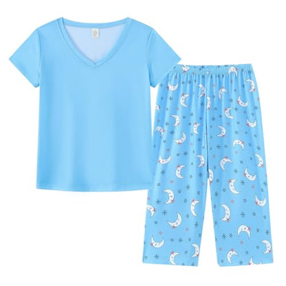 YIJIU Women Soft Comfy Pajamas Cute Cat Short Sleeve Capri Pants PJS Set - color: Blue Moon, size: Large