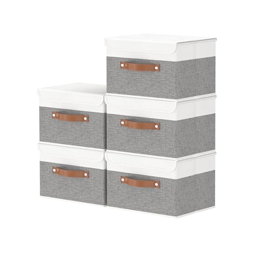 OUTBROS Fabric Storage Bins Cube Organizers with Flip-Top Lid and Handles,Storage Boxes for Organizing Home,Office,and Closet,White/Grey,5 Pack 10.2 x 7.9 x 6.7 in - color: White/Grey, size: 10.2x7.9x6.7in(5-pack)