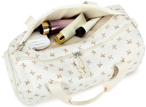 Gym Bag Sports Duffle Bag with Wet Pocket Weekender Overnight Bags with Waterproof Shoe Pouch and Air Hole for Girls Kids Women Workout Travel Bags (Brown Bow - Beige) - color: Brown Bow - Beige