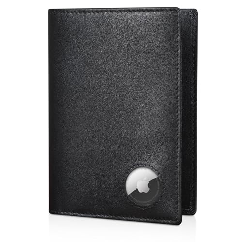Polare Slim RFID Blocking Leather Passport Holder Travel Bifold Wallet For Men (Black with AirTag Holder) - color: Black with AirTag Holder