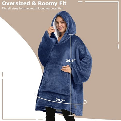 Catalonia Oversized Blanket Hoodie Sweatshirt, Wearable Sherpa Blanket Pullover, Gift for Her - color: Navy