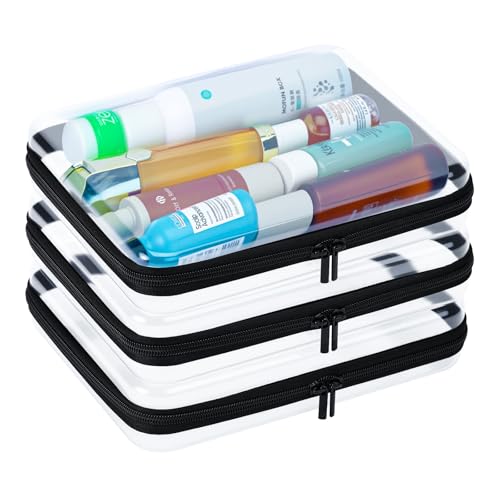 Mihkiom 3Pcs Clear Hard Shell Zipper Case, BIiss Plastic Bins for Organizing, Clear Zipper Pouches Makeup Case & Lidded Storage Bins Organizer for Home Storage Cosmetics, Puzzles - size: 3PACK-L-BLACK