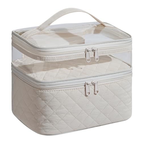 Large Quilted Makeup Bag with Brush Storage, Double Layer Toiletry Bag for Women, Cosmetic Bags for Women Girls, Travel Makeup Bag Skincare Bag with Zipper & Portable Handle - color: Quilted Beige, style: Double-layer