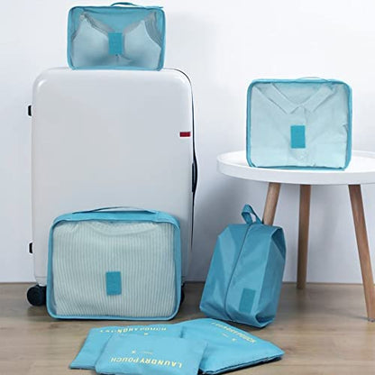 7 Set Packing Cubes, Travel Foldable Luggage Organizers Storage Bag Accessories Suitcase with Laundry Bag & Shoe Bag, Blue - color: Light Blue