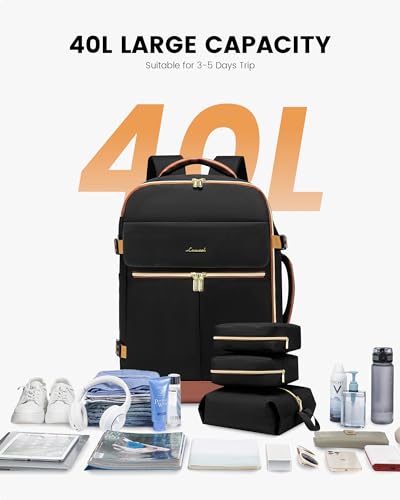 LOVEVOOK Carry On Backpack, 40L Travel Backpack Women with 3 Packing Cubes, TSA Airline Approved Suitcase Bag as Personal Item, Waterproof 17.3 inch Laptop Backpack for Weekender Overnight,Black-Brown - color: Black-brown, size: 40L-17.3 Inch-4Pcs