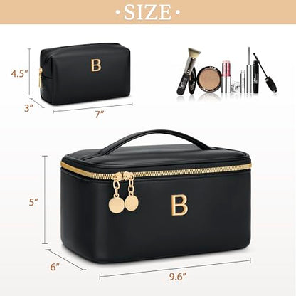 Personalized Initial Makeup Bag Gifts for Women, Large Travel Cosmetic Organizer with Handle & Divider, PU Leather Toiletry Bag for Girls, Birthday Bridesmaid Gift Set - Black - B - color: Black, style: B