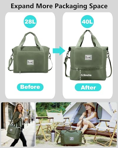 Foldable Travel Duffel Bag for Women, 40L Expandable Carry on Bag Personal Item Flight Approved, Lightweight Water Resistant Overnight Weekender Bag with Wet Pocket for Gym Travel, Olive Green - color: Olive green