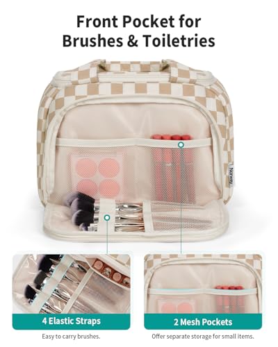 Narwey Checkered Travel Toiletry Bag for Women Large Makeup Bag, Wide-open Cosmetic Make Up Organizer with Handle, Travel Bag for Toiletries, Essentials, Accessories (Light Brown Checkerboard) - color: Light Brown Checkerboard