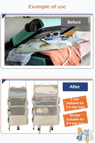 TABITORA Travel Luggage Organizer insert Hanging Packing Cubes for Suitcase Carry on Closet Hanging Shelves Folding (Beige, Small) - color: Beige, size: Small