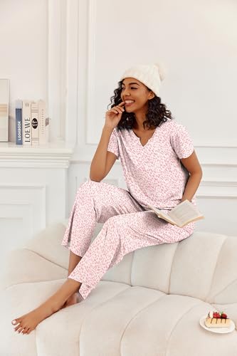 Ekouaer 2 Piece Womens Pajamas Short Sleeve Top and Long Pants Pjs Set Printed Sleepwear with Pocket - color: A Rose Pink Leopard, size: Medium