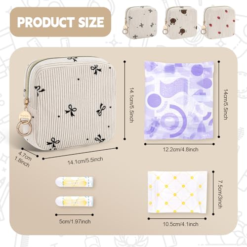 Cute Period Bag for Teen Girls, Corduroy Sanitary Napkin Storage Bag, Menstrual Pad Pouch Tampon Holder for Purse (Black Bow Tie) - color: Beige-black Bow Tie
