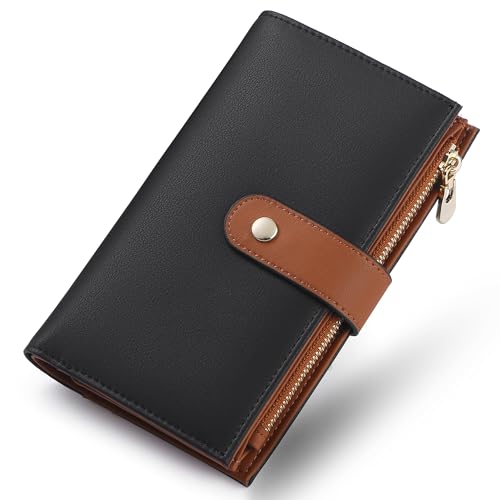 yiijay Wallet Women RFID Blocking Multi Cards Wallet Credit Card Holder for Women Large Capacity Lady Leather Trifold Travel Wallet with Pen Holder - color: 2Black&Brown
