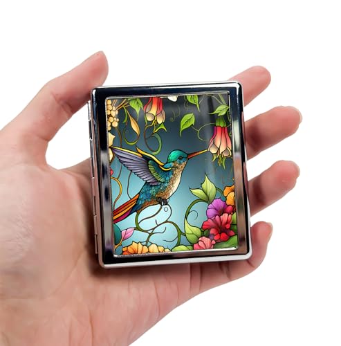 Travel Pill Organizer Small Pill Case for Purse Essentials 7 Days Cute Pill Box with Mirror Portable Pill Box for Pocket or Purse Pill Containe Travel Gifts (Stained Glass Hummingbird)
