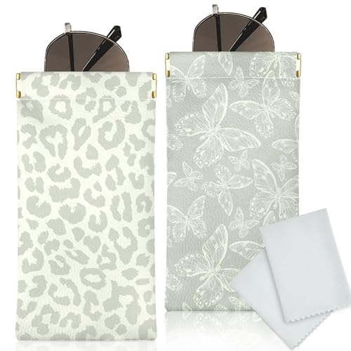Glasses Case Soft, Eyeglass Cases for Women Portable Squeeze Top PU Leather 2 Pack Glasses Pouch with Cleaning Cloth - color: 2pcs Grey Leopard+grey Butterfly