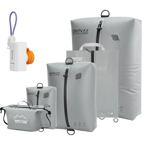 ONTYZZ Vacuum Bags for Travel, Professional Reusable Organizer Bag with IPX8 Waterproof Zipper, 3 Set Durable Seal Space Saver with Toiletry bag and ShoseBags for Traveling Essentials, Grey With Pump - color: Grey, size: 5 Set,with Pump