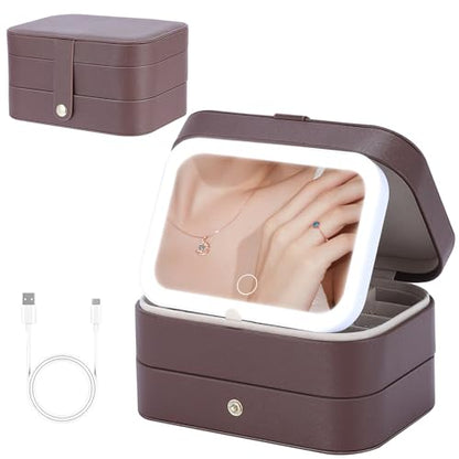 Travel Jewelry Case with LED Makeup Mirror, Portable Travel Jewelry Organizer, 2-Layer Jewelry Box for Earrings Necklace Bracelet Rings, Birthday Gifts for Women Girls (Dark Brown)