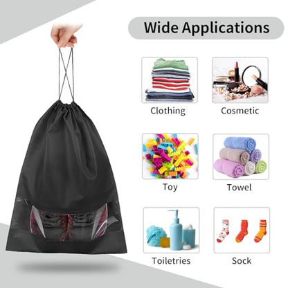 12 Pack Large Shoe Bags for Packing with Clear Window, Dustproof Drawstring Travel Shoe Storage Bags for Men & Women, Black - color: Black
