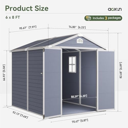 Aoxun 8 x 6 FT Outdoor Storage Shed with Window, Resin Shed with Floor & Lockable Doors, Garden Shed Waterproof Plastic Tool Shed with Sloped Roof for Backyard, Garden, Patio, Lawn, Grey