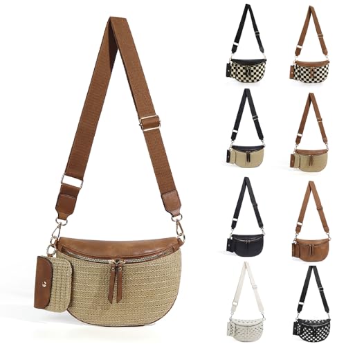 Checkered Crossbody Bag for Women Nylon Bum Bag Spacious Fanny Pack Adjustable Strap Lightweight Travel Everyday Purse Water Resistant Handbag (Woven Brown) - color: Woven Brown