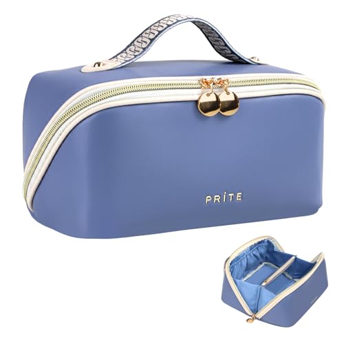 Prite Makeup Bag for Women Travel Waterproof Vegan Leather Cosmetic Bag Open Flat Toiletry Bag With Clear Divider and Handle (Blue, Medium) - color: Blue, size: Medium