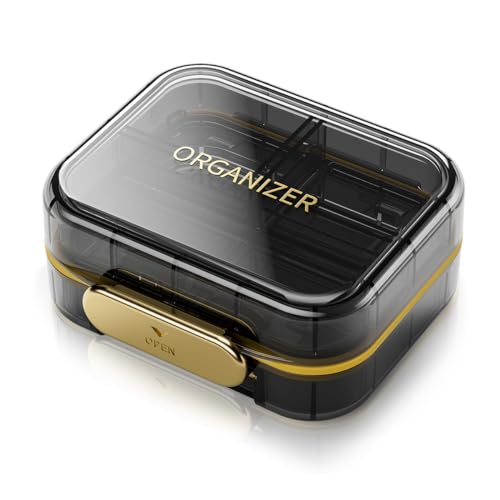 Portable Travel Pill Organizer with 7 Compartments - Perfect Weekly Pill Case Waterproof Pill Box for Daily Vitamins and Medicine, Small Pill Container for Pocket Purse (Black) - color: Black