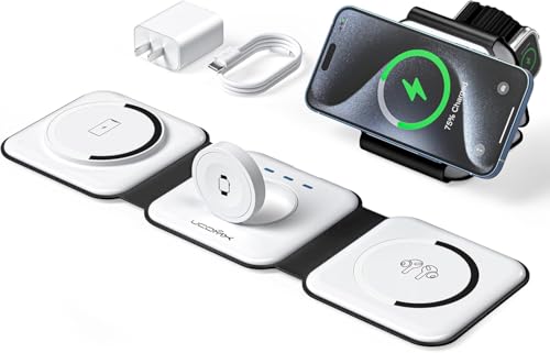3 in 1 Charging Station for Multple Devices,Foldable 3 in 1 Wireless Charger for Travel,Nano Wireless Charging Station for iPhone16 15 14 13 12 Pro Max/Watch 10 9 8 7 6 5 4 3 Ultra/AirPod Pro - color: moon white