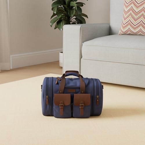 Wildroad 50L Travel Duffel Bag, Expandable Canvas Genuine Leather Duffle Bag Upgraded Overnight Weekender Carry on Bag - color: Blue, size: Large-50L Duffle Bag