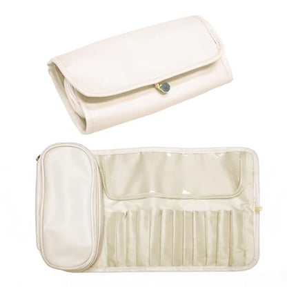 Folding Makeup Brush Bag,Travel Toiletry Bag with Separate Brush Compartment for Brushes & Skincare, Toothbrush Holder,Rollup & Open Flat cosmetic Organizer,Portable Waterproof &Hanging (white) - color: Cream white