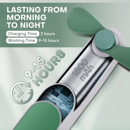 Portable mini handheld Fan, small Rechargeable Personal Fan for 9-15 Hours Runtime, Pocket Design for Travel/Women Essentials/vacation/beach/vacation/airplane/disney - color: Green