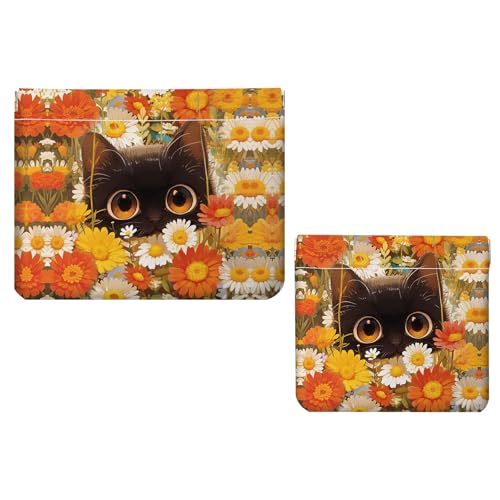 2 PCS PU Leather Small Makeup Bag Set for Purse,No Zipper Self-closing Cosmetic Bag, Portable Coin Purse Lipstick Accessories Organizer Travel Toiletry Storage Pouch for Women,Orange Flowers and Cats - color: Orange Flowers and Cats