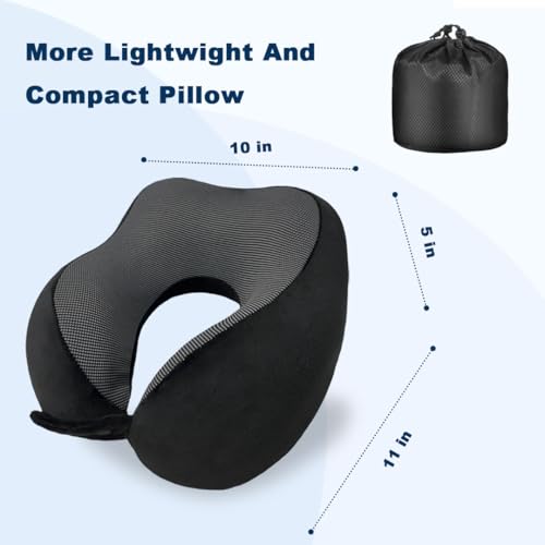 Memory Foam Travel Neck Pillow for Airplane – 360° Ergonomic Neck Support Pillow with Adjustable Fit, Breathable Washable Cover, Travel Pillow Set with Eye Mask, Earplugs & Storage Bag