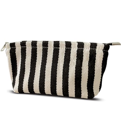 HAPPYHEIDI Small Black White Stripe Makeup Brush Bag Zipper Pouch Women Girls Purse Organizer,Canvas Lined, Premium Zipper - color: Classic Black White Stripes Medium