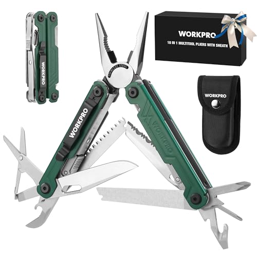 WORKPRO Multitool with Pocket Knife, Birthday Gift for Men Dad Father Husband,18-in-1 Stainless Steel Pliers, EDC Multi Tool with Belt Clip, 2 Safety Locks, and Oxford Pouch, Utility Tool for Camping - color: Green, size: 18-in-1