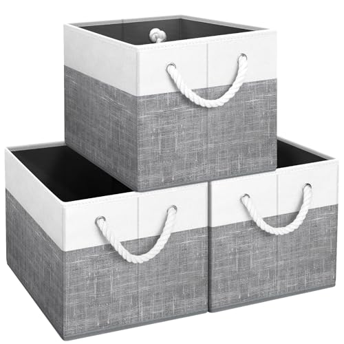 Fab totes Storage Bins 3-Pack, Foldable Storage Baskets for Organizing Toys, Books, Shelves, Closet, Large Storage Box with Rope Handles, Sturdy Organizer Bins, White & Grey - color: White & Grey, size: 3pack