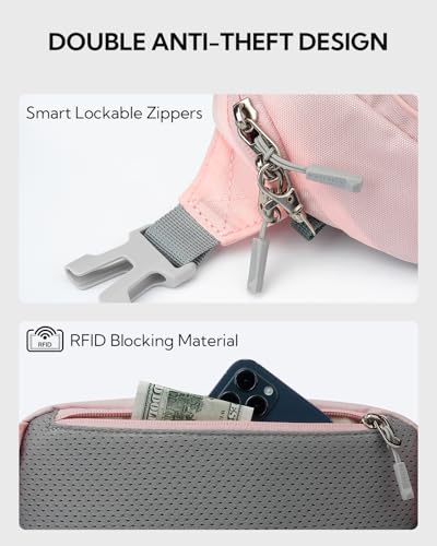 WATERFLY Lightweight Small Fanny Pack: 1.5L Mini Slim Crossbody Waist Belt Hip Bag with RFID Blocking, Anti-Theft & Water Resistant Pouch for Women Men Travel Hiking Running Walking EDC - color: Pink
