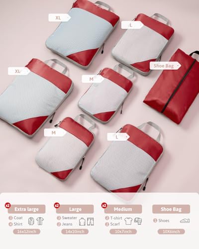 Meowoo 7 Set Compression Packing Cubes for Travel, Durable Ripstop Mesh Suitcase Organizer with Shoe Bag, Ultralight & Expandable Space Saver Travel Cubes - color: Red