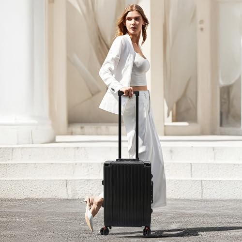 VentureVault 26 Inch Checked Luggage with Spinner Wheels, No Zipper Aluminum Frame Hard Shell Suitcases with TSA Lock, PC+ABS Lightweight Large Suitcase for Travel (Black) - color: Black, size: 26inch