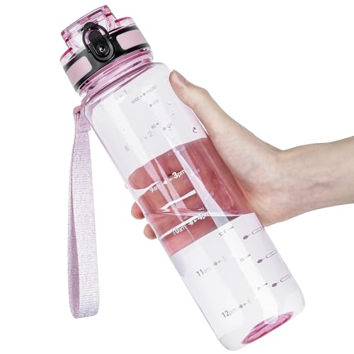 OLDLEY 32 oz Water Bottle, Motivational Water Bottle with Time Marker, Sports Water Bottle With Strap, Leakproof & BPA Free Large Water Bottles for School, Gym, Travel, Tritan, Transparent Pink - color: B-Transparent Pink, size: 32 Ounces