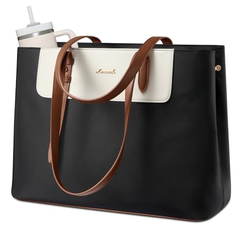LOVEVOOK Laptop Tote Bag for Women 15.6 Inch, Water-Resistant Work Tote Bag Large Capacity Computer Bag Briefcase Handbag - color: Black-beige, size: 15.6Inch
