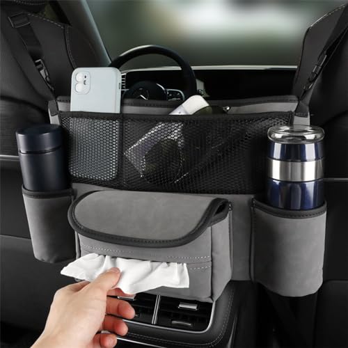 Car Handbag Holder Between Seats Car Organizer, Leather Large Capacity Car Purse Holder for Front Seat, Seat Back Net Bag Double-sided Tissue Storage Handbag Holder Car Divider (Gray) - color: Gray
